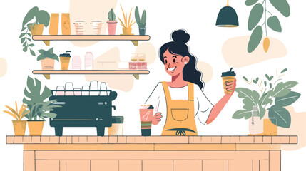 Cheerful woman recommending a mobile app at a coffee shop