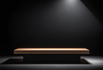 Blank black table platform with bright spotlight isolated on black wal - obrazy, fototapety, plakaty