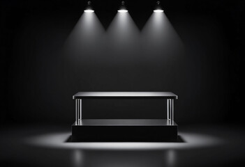 Blank black table platform with bright spotlight isolated on black wal - obrazy, fototapety, plakaty