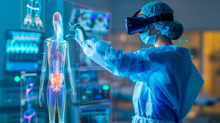 person in surgical attire, using virtual reality (VR) technology to interact with a holographic display of human anatomy