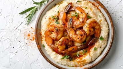 Appetizing top view image of creamy grits and sauteed shrimp, enhanced with a flavorful sauce, perfect for food advertising, isolated setting
