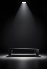 Blank black table platform with bright spotlight isolated on black wal