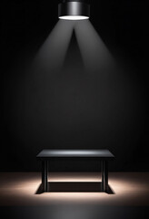 Blank black table platform with bright spotlight isolated on black wal