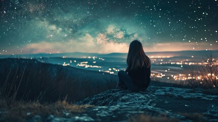 Beautiful lonely young woman gazing at the stars in the quiet evening. Copy Space.