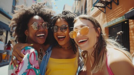Group of friends enjoying city life - A lively group of friends take a selfie together, capturing their enjoyment and the essence of youthful, urban living