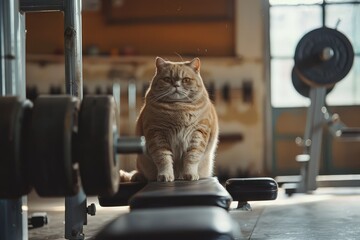 Cute cat sitting on a bench in a fitness center, looking at the camera