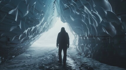 Silhouette in an Ice Cave Tunnel - A silhouetted figure stands in a tunnel of an ice cave, surrounded by intricate icy formations and a distant exit - obrazy, fototapety, plakaty