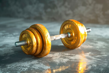 Obraz premium A golden dumbbell on empty concrete floor at gym. Concept of success.