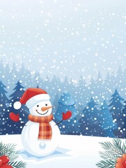 Cartoon snowman spreading winter joy - An adorable cartoon snowman with heart mittens spreads joy in a snowy forest landscape, capturing the essence of winter fun