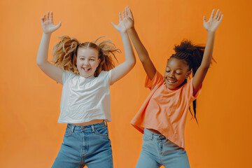Energetic young two interracial girls dancing side by side and waving hands in studio
