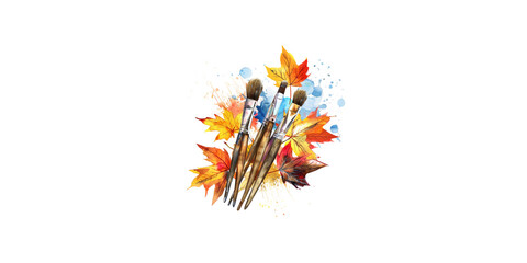 Watercolor paintbrushes with autumn leaves illustration white background

