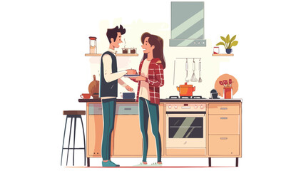 Young couple preparing morning coffee together in kitchen