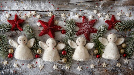 Naklejka premium White woolen angels red star confetti evergreen branches on wooden surface Festive Christmas card design