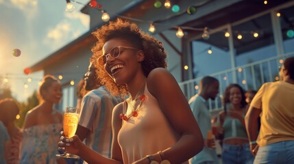 Summer Delight party, Expressive Portrait of a Happy black Girl with a cocktail Engaging in Fun...