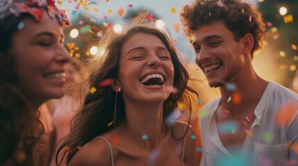 Obraz premium Carefree Celebration: Capturing the Radiant Smile of a Young Woman Enjoying Herself at a Vibrant Summer Party with Friends