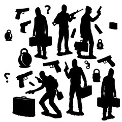 silhouette of a thief , set of silhouettes of a thief, silhouette of a criminal , set of  silhouettes of a criminal