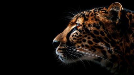   A tight shot of a Cheetah's expressive face against a black backdrop, illuminated by striking light