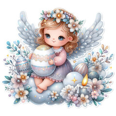 cute angel girl on cloud with easter egg cute easter sticker illustration