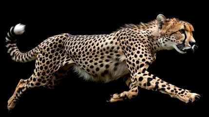   A cheetah runs in the dark with its mouth open