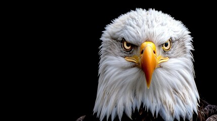 Obraz premium A crisp close-up of a Bald Eagle's head against a stark black background, its piercing yellow eyes meeting the viewer's gaze