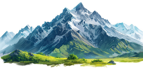 Abstract mountains and meadows watercolor art isolated on transparent background