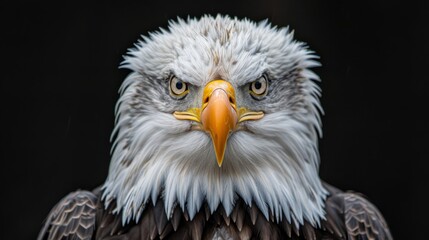 Obraz premium A tight shot of a bald eagle's head, featuring a yellow beak and orange bill, set against a backdrop of absolute blackness