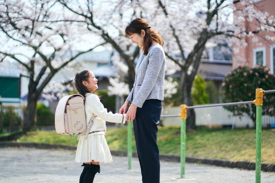 桜の咲く公園で手を繋いで見つめ合う日本の母と娘