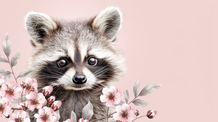 Obraz premium A raccoon facing flowers on a pink backdrop