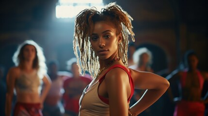 Beautiful American woman with a model-like appearance attending a hip-hop dance workshop