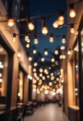 Blurred background of restaurant with abstract bokeh light. Lights decoration Party Event Festival Holiday blur background. outdoor string lights