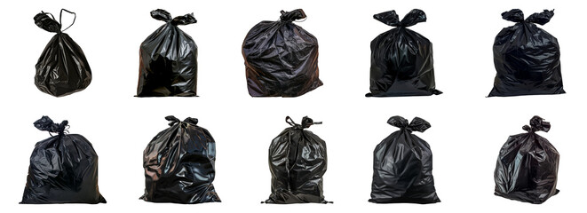 Assortment of tied black garbage bags cut out png on transparent background