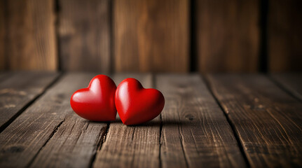Fototapeta premium Valentines day background with two red hearts on wooden background, Generative.AI 