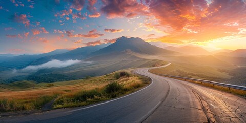 Sunrise view of a natural mountain landscape and a paved highway.