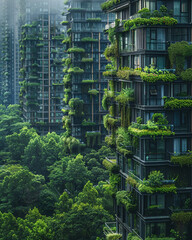 A city landscape filled with lush green parks, rooftop gardens, and solar panels on every building