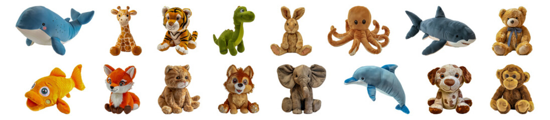 Assorted plush animal toys collection cut out png on transparent background