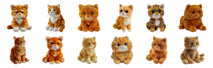 Collection of plush toy cats in various poses cut out png on transparent background