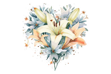 Watercolor art,
Lilies,
Easter lilies,
Flower crosses,
Decorative art,
White background,
Floral illustration,
Easter decorations,
Springtime art,
Religious art,
Watercolor painting,
Lily flowers,