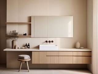 Fototapeta na wymiar A Modern Bathroom Vanity Set in a Warm, Neutral-Toned Room