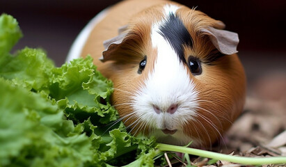 A chubby guinea pig munching on a leafy vegetable in its pen.