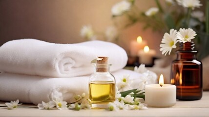 Obraz na płótnie Canvas Beautiful spa decoration by candle and white flowers with beauty products