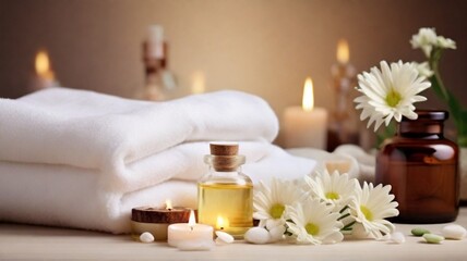 Fototapeta na wymiar Beautiful spa decoration by candle and white flowers with beauty products