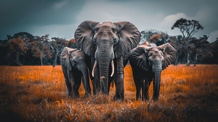   A cluster of elephants congregate beside each other in a sea of tall grass, framed by trees in the background