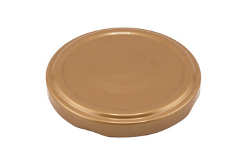 Top view of blank golden metal jar lid isolated on white background. Metal jar lid isolated on white