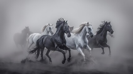   A group of horses gallops through a foggy, black-and-white landscape during the day