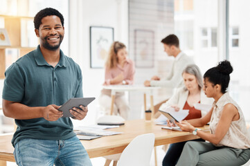 African man, tablet and portrait in office with smile at startup with group, schedule and...
