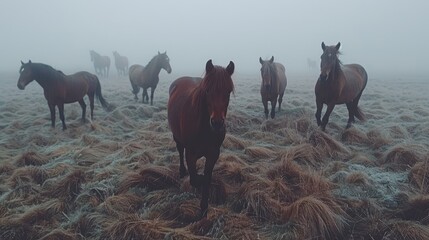   A herd of horses stands atop a dry grass field during a foggy morning