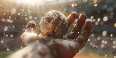  Close up of a hand gripping a baseball inside a stadium background , A Tense Moment as a Hand Tightens its Grip on a Baseball in the Midst of a National Game on a Rain-Soaked Stadium Field    - obrazy, fototapety, plakaty