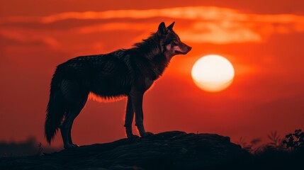   A wolf atop a rock against a red backdrop, the sun encircled mid-sky