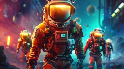 Fototapeta premium A group of astronauts in orange space suits walking on an alien planet