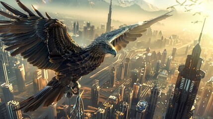 A majestic eagle soars above a futuristic city. - obrazy, fototapety, plakaty
